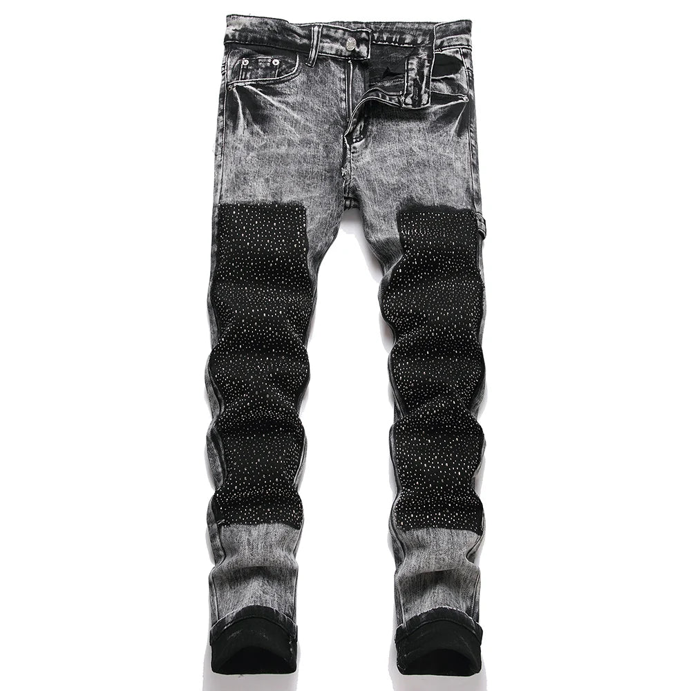 Gray Black Rhinestones Patchwork Jeans