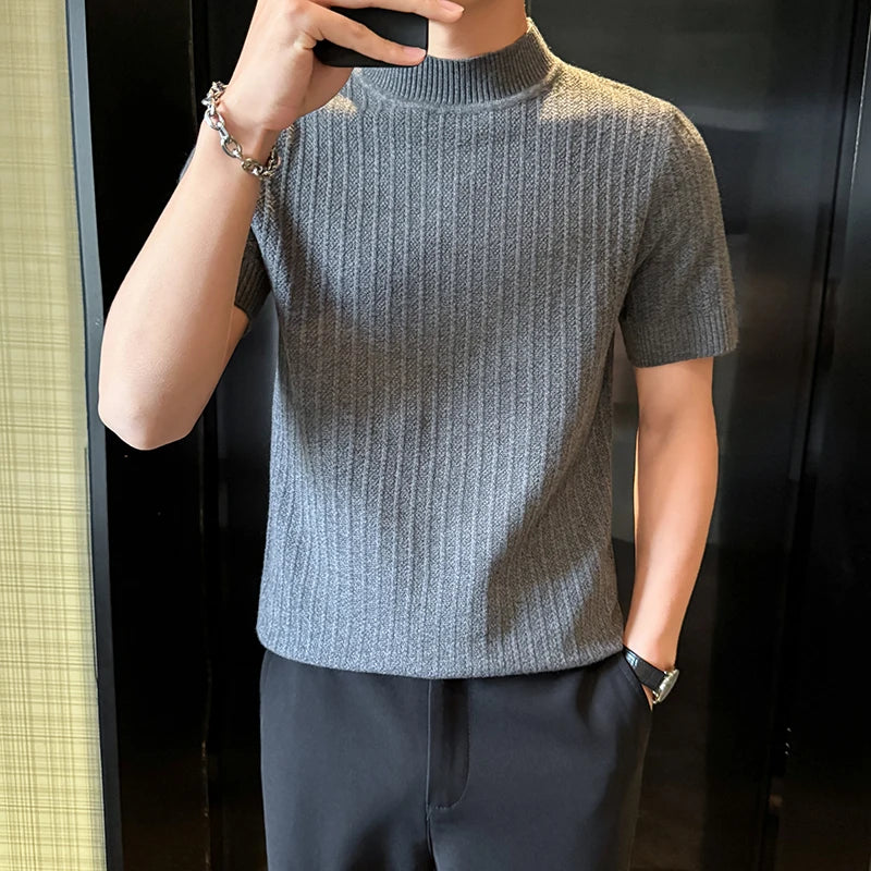 Stripe Textured Mock Neck T-Shirt