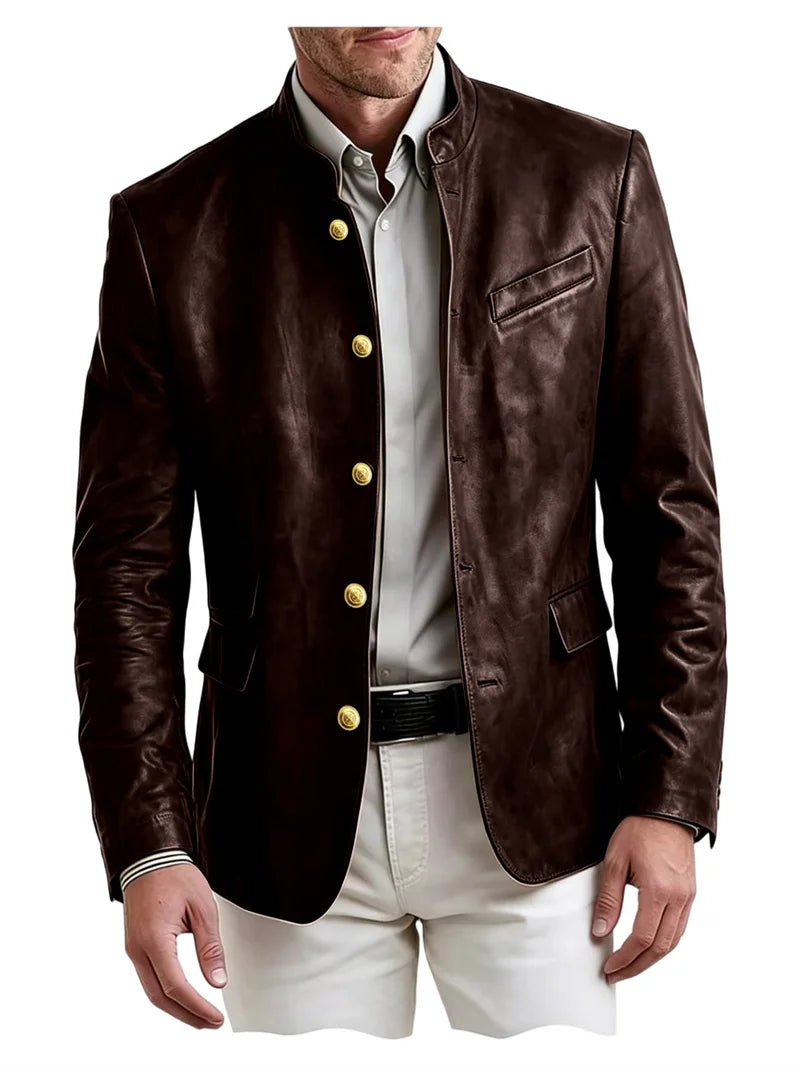 Golden Metal Buttons Leather Jacket