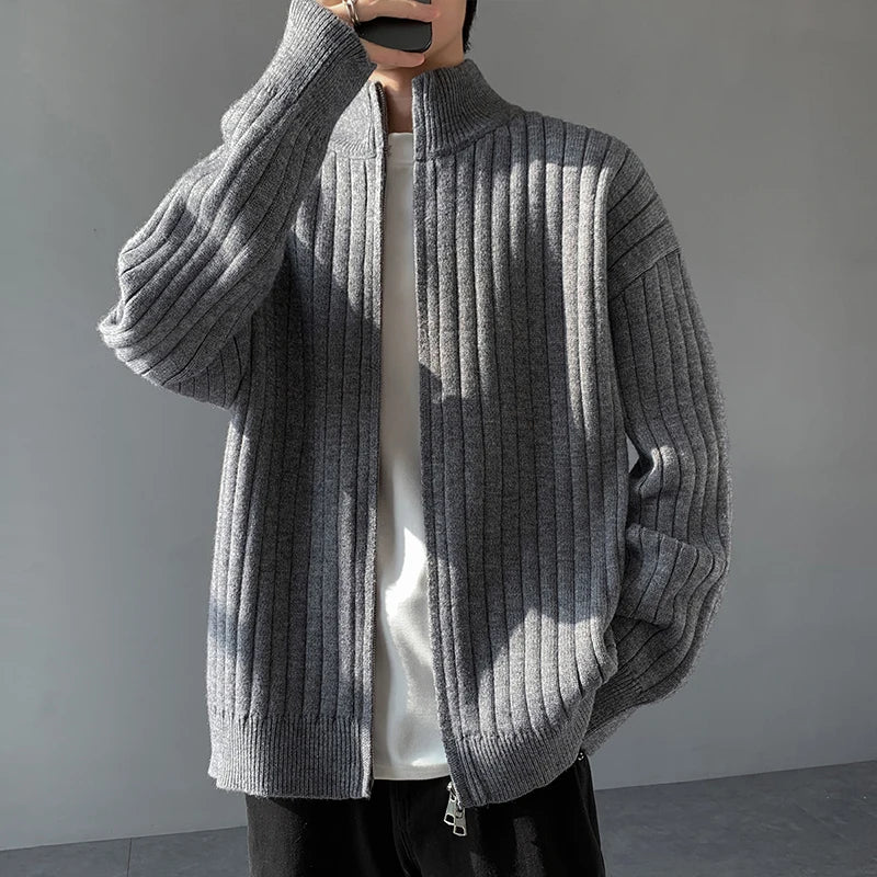 Stand Collar Striped Knitted Cardigan