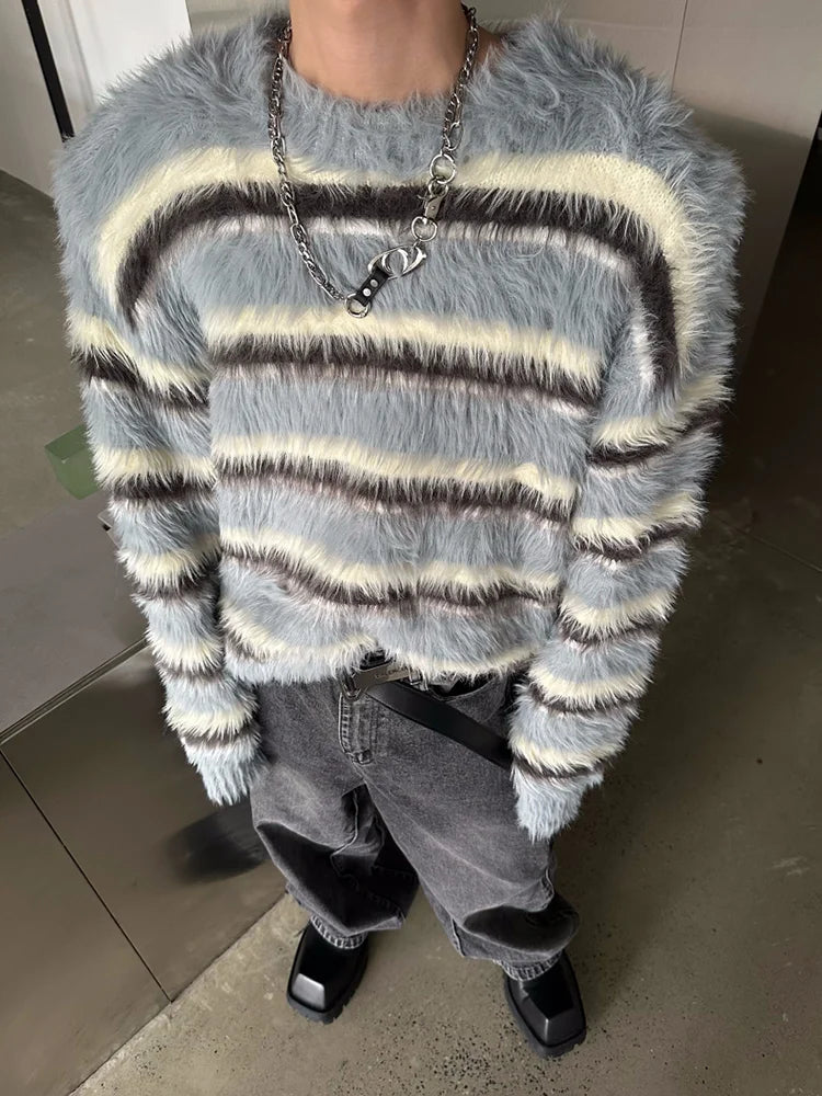 Striped Design Plush Oversize Sweater