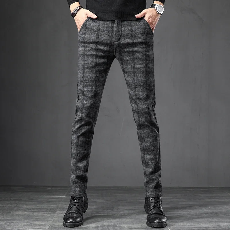 Dark Plaid Casual Slim Fit Trousers