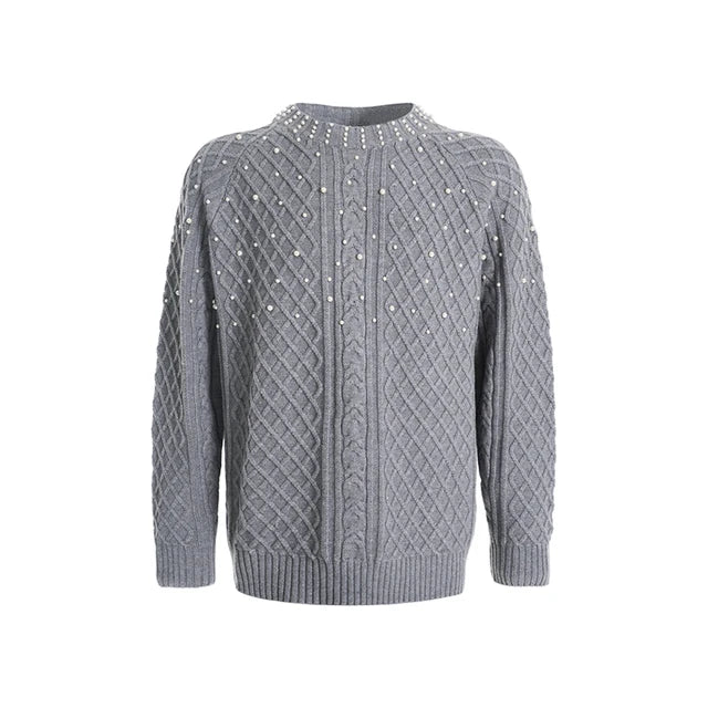 Solid Pearl Round Neck Knitted Sweater