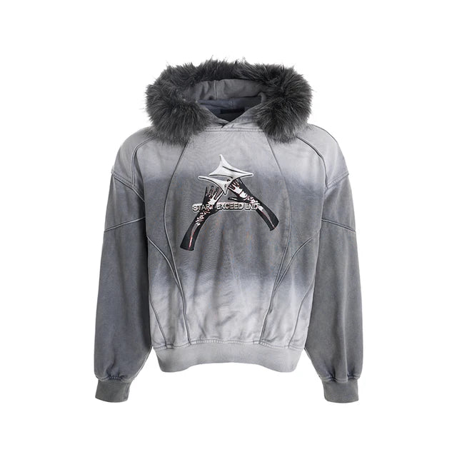 Washed Vintage Fur Collar Hooded Sweatshirt