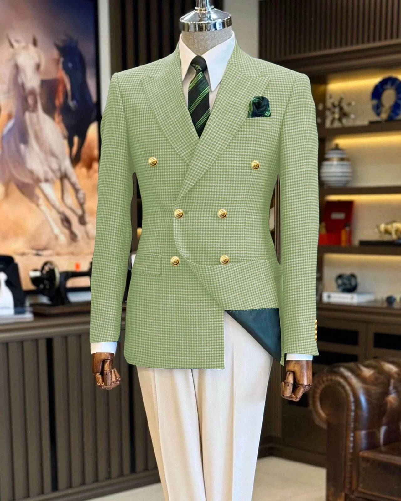 Double Breasted Houndstooth Peak Lapel Blazer