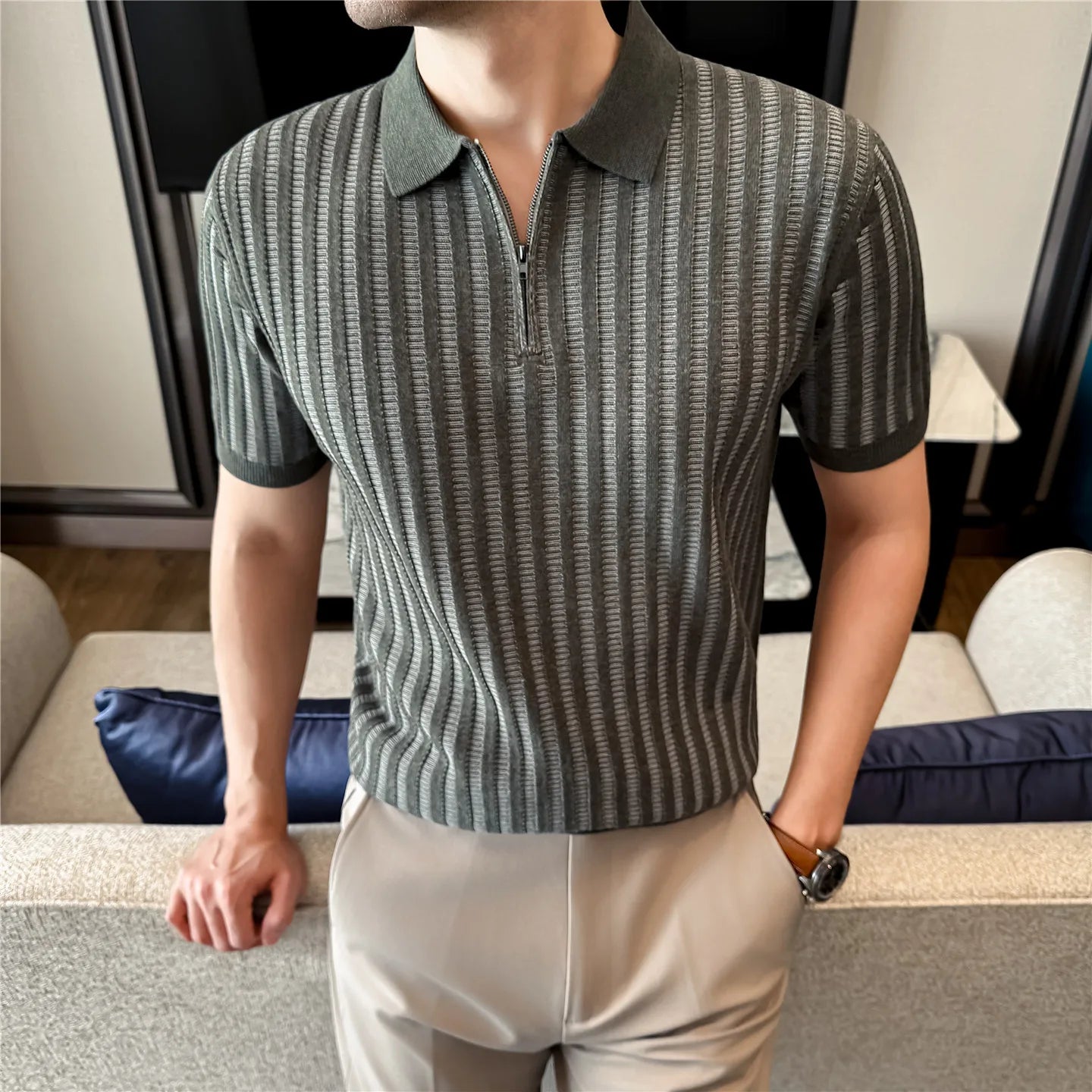 Stretchy Striped Casual Men's Polo Shirt