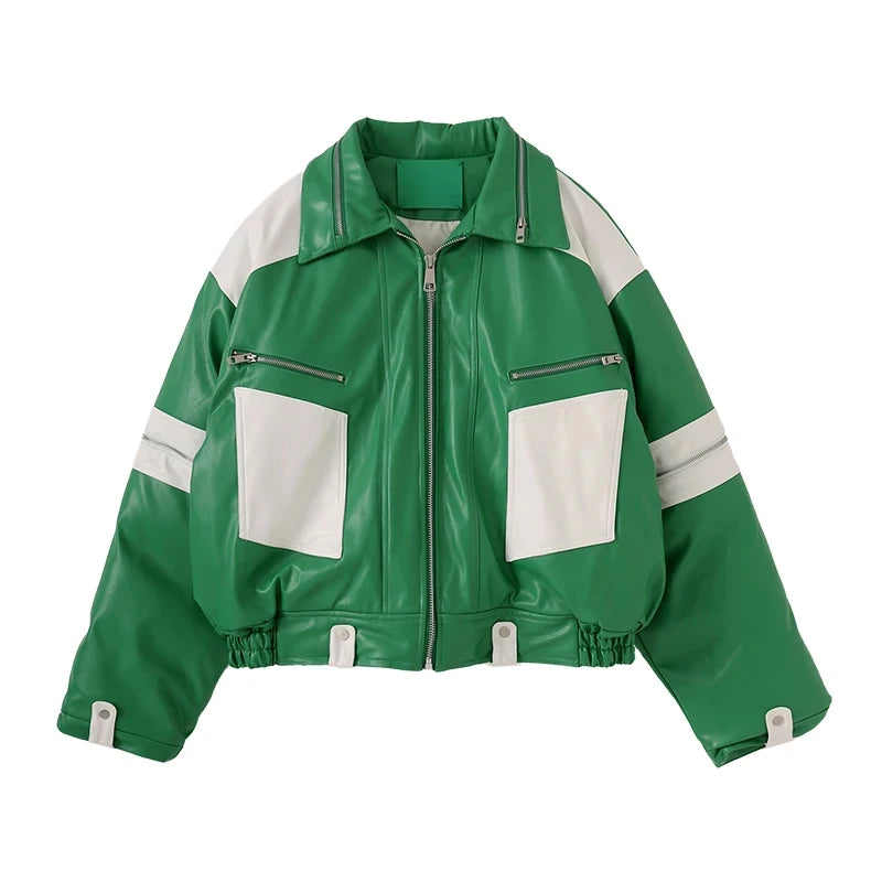 Green and White Pu Leather Jacket