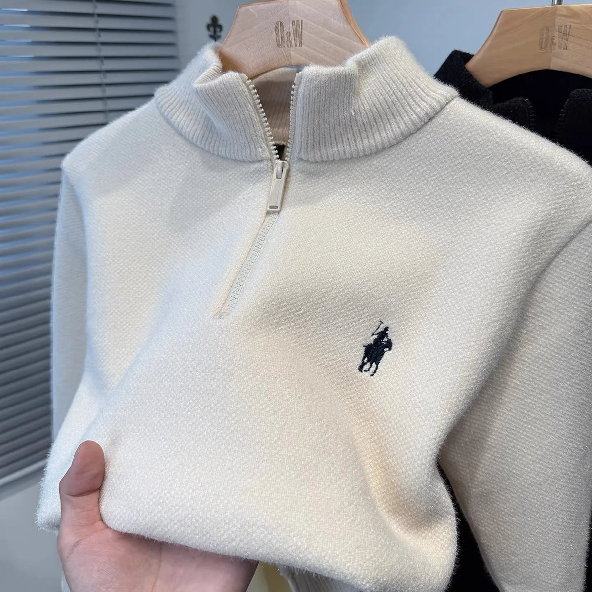 Solid Embroidery Half Zip Stand Collar Sweater