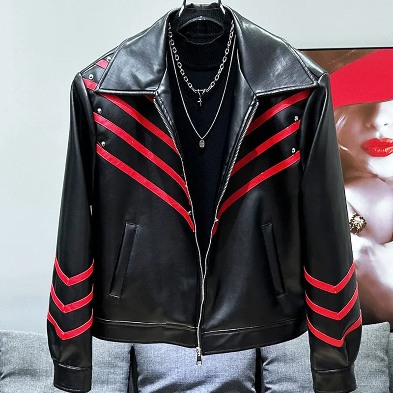 Motorcycle PU Leather Contrast Stripe Jacket