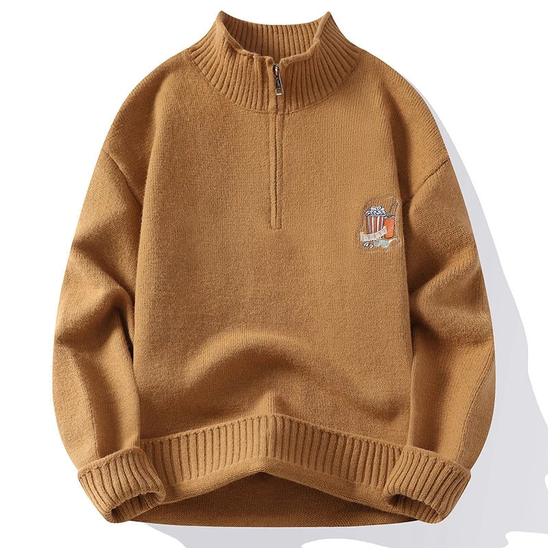 Solid Zipper Patches Turtleneck Sweater