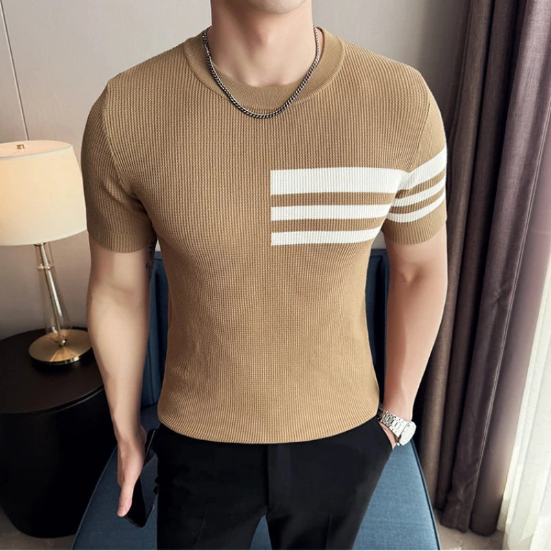 Striped Knitted Style Casual T-Shirt