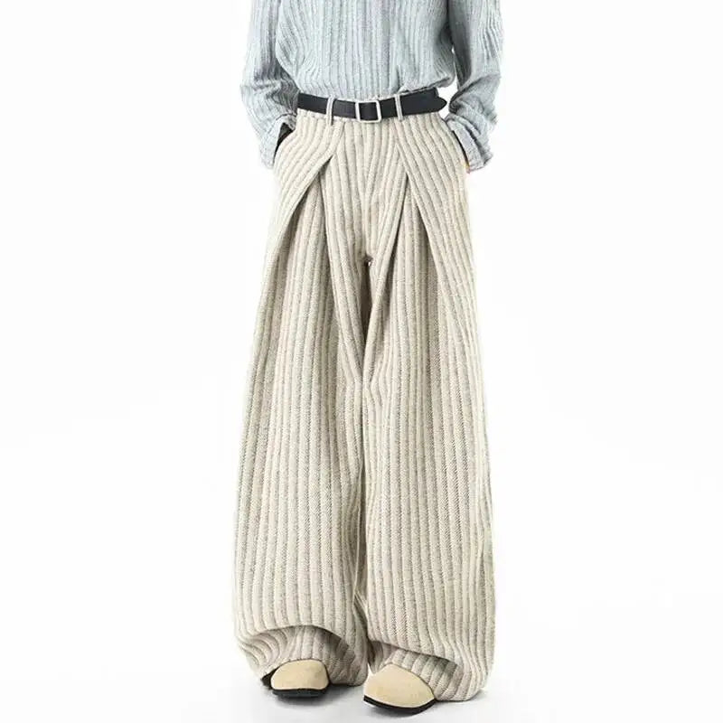 Striped Woolen Pleated Wide-Leg Trousers
