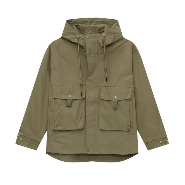 Solid Big Pockets Drawstring Hooded Jacket