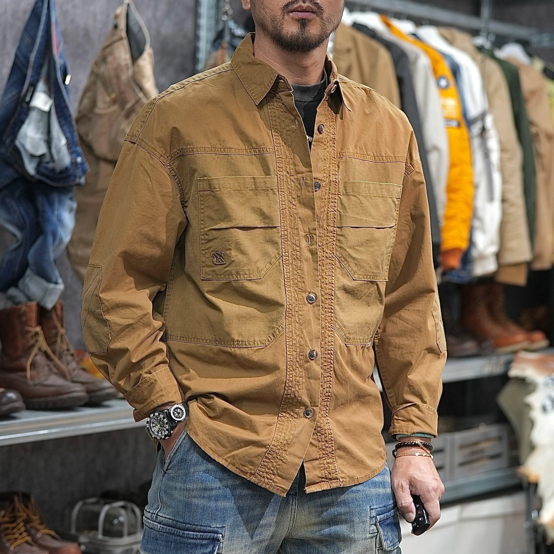 Patchwork Utility Casual Workwear Shirt