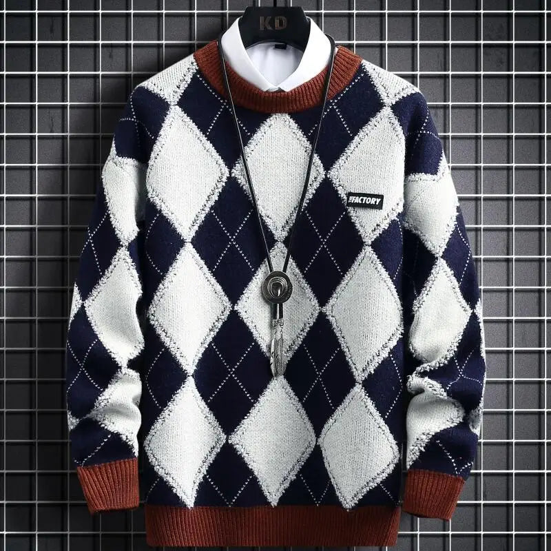 Diamond Plaid Contrast O-Neck Sweater