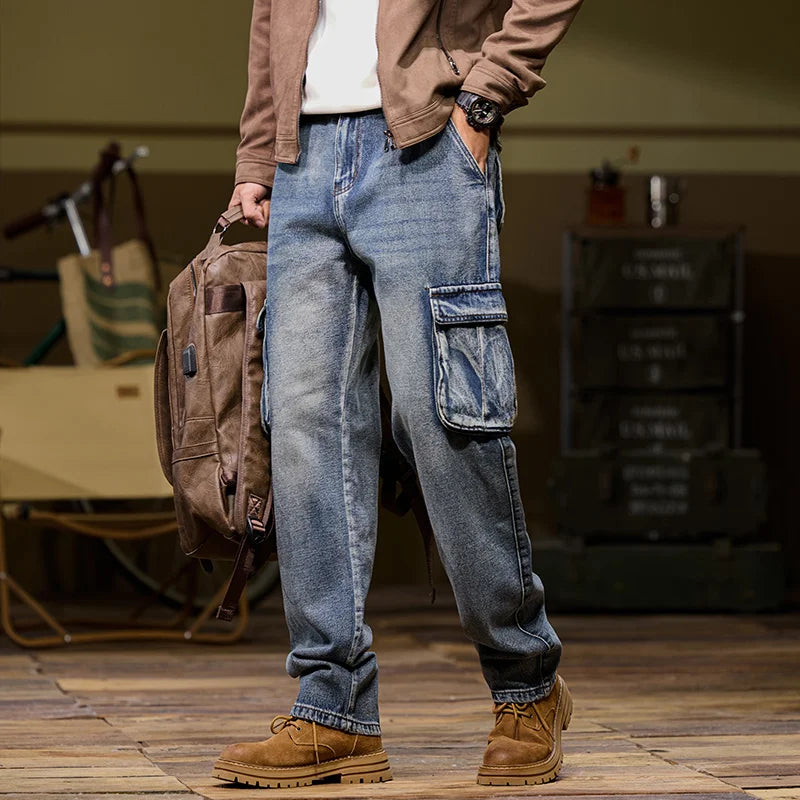 Washed Multi-Pocket Cargo Straight Jeans