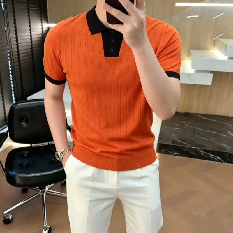 Casual Elegant Splicing Knitted Polo Shirt