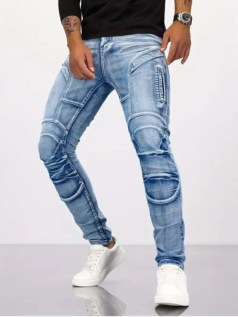 Two-Tone Distressed Slim Straight Jeans