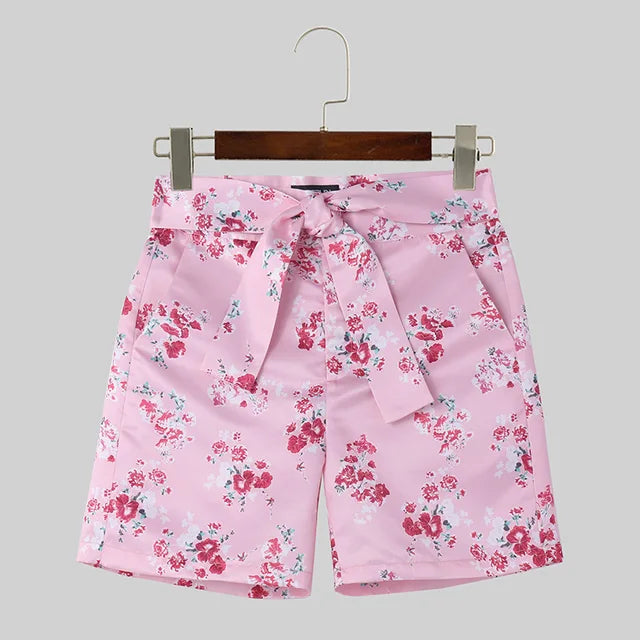 Pink Color Floral Printing Lace Up Shorts