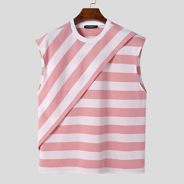 Pink Striped Layered Design Tank Top