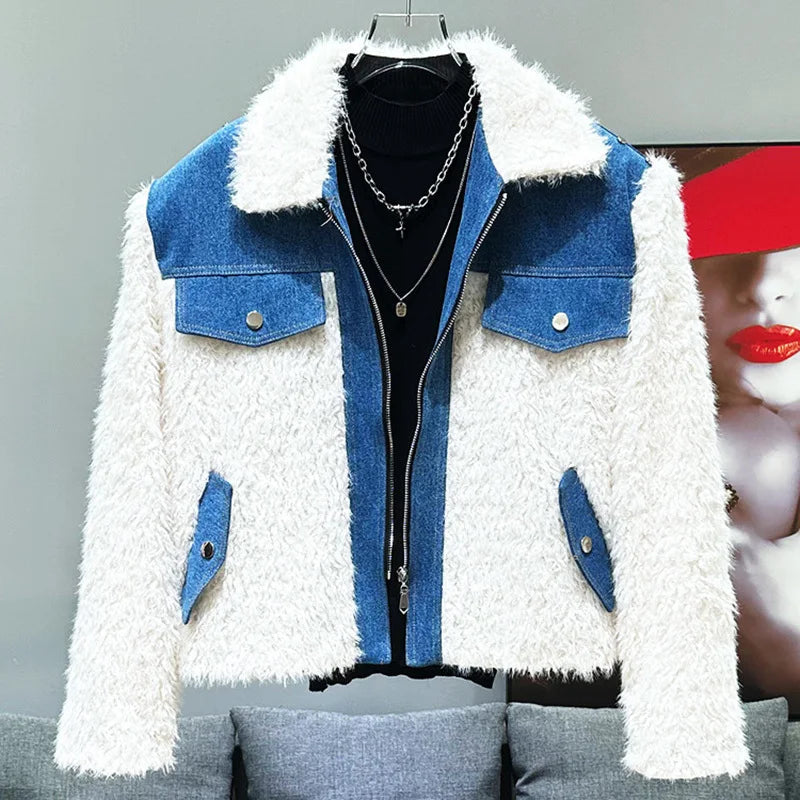 Mink Fur Washed Denim Patchwork Jacket