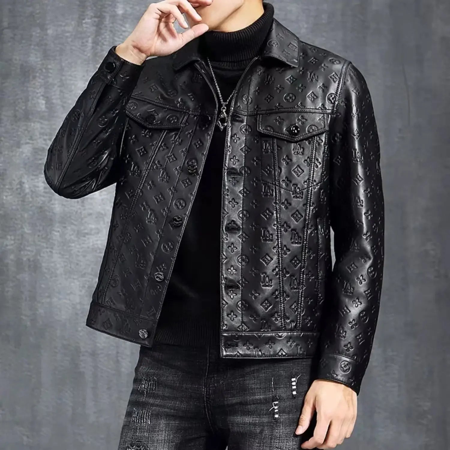 Geometric Embossed Pattern Black Jacket