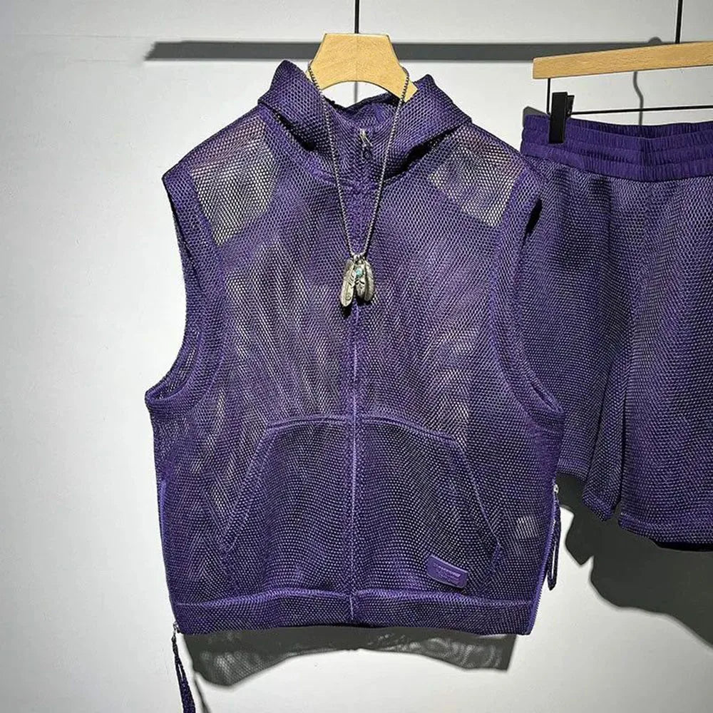 Solid Color Mesh Zipper Hooded Vest