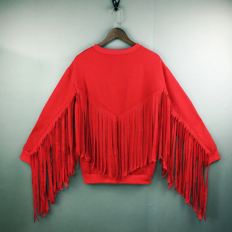 Solid Tassel Round Neck Loose Sweater