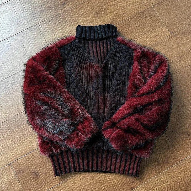 Turtleneck Spliced Fur Cable Knit Oversized Sweater