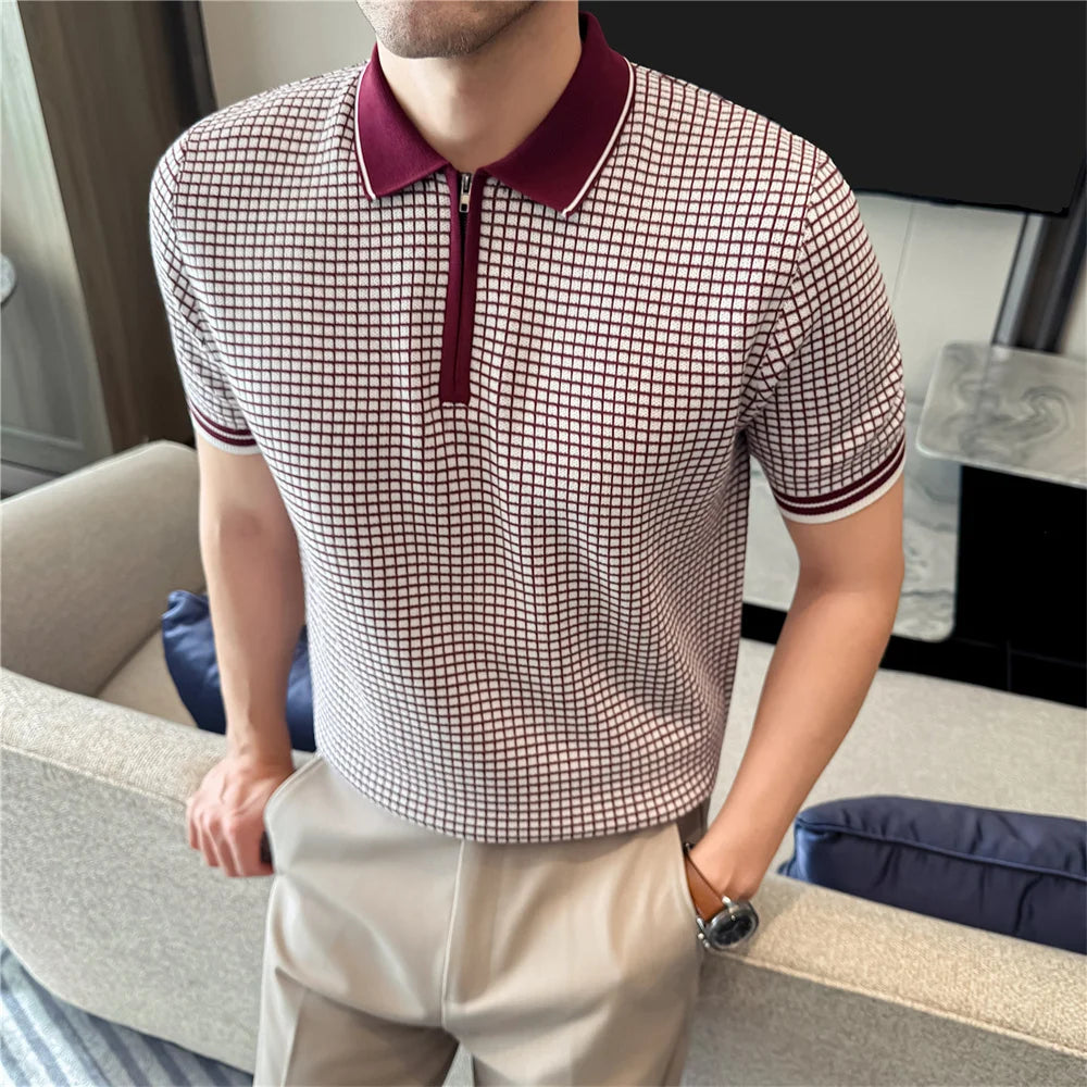 Knitted Checkered Zipper Polo Shirt