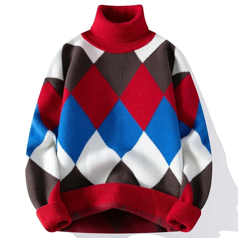 Multicolor Plaid Thick Turtleneck Sweater