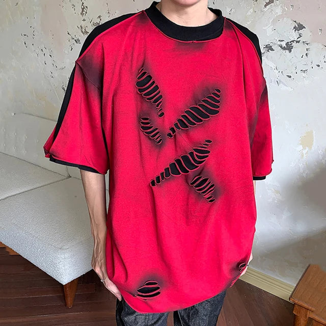 Contrast Color Broken Holes Red T-Shirt