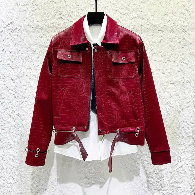 Metal Splicing Crocodile Leather Jacket