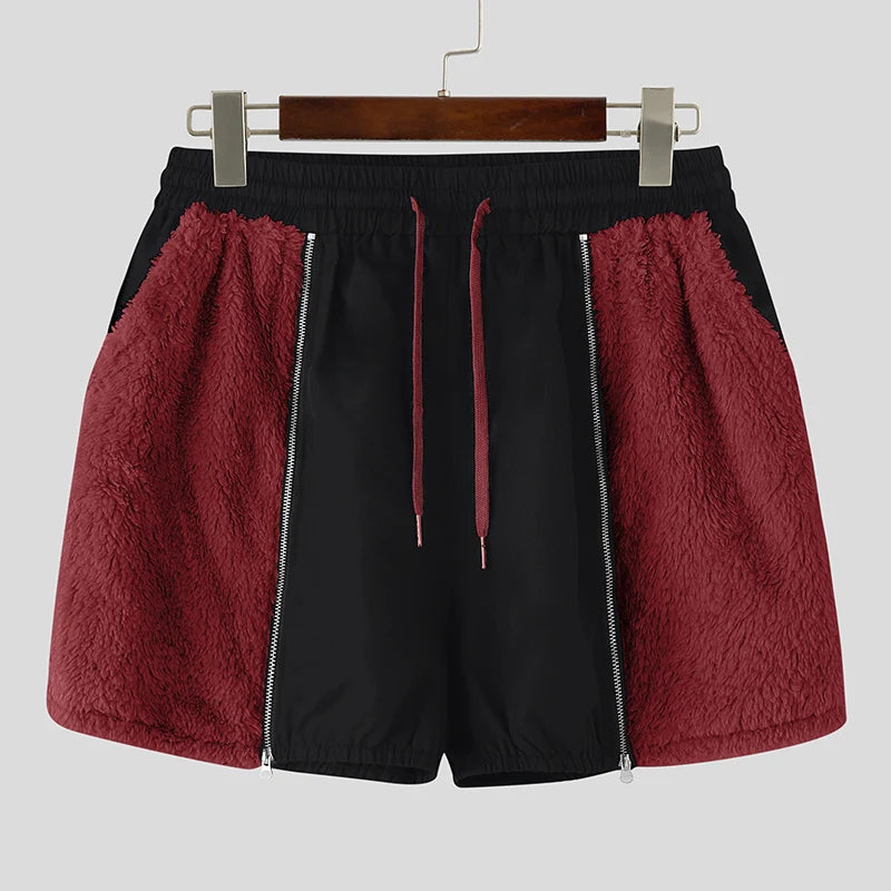 Fleece Plush Patchwork Drawstring Shorts