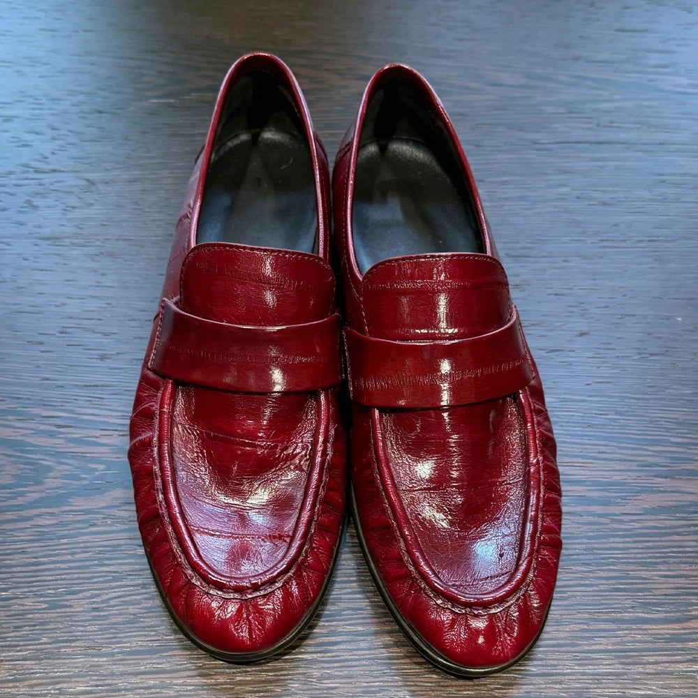 Burgundy Red Ruched Leather Loafers
