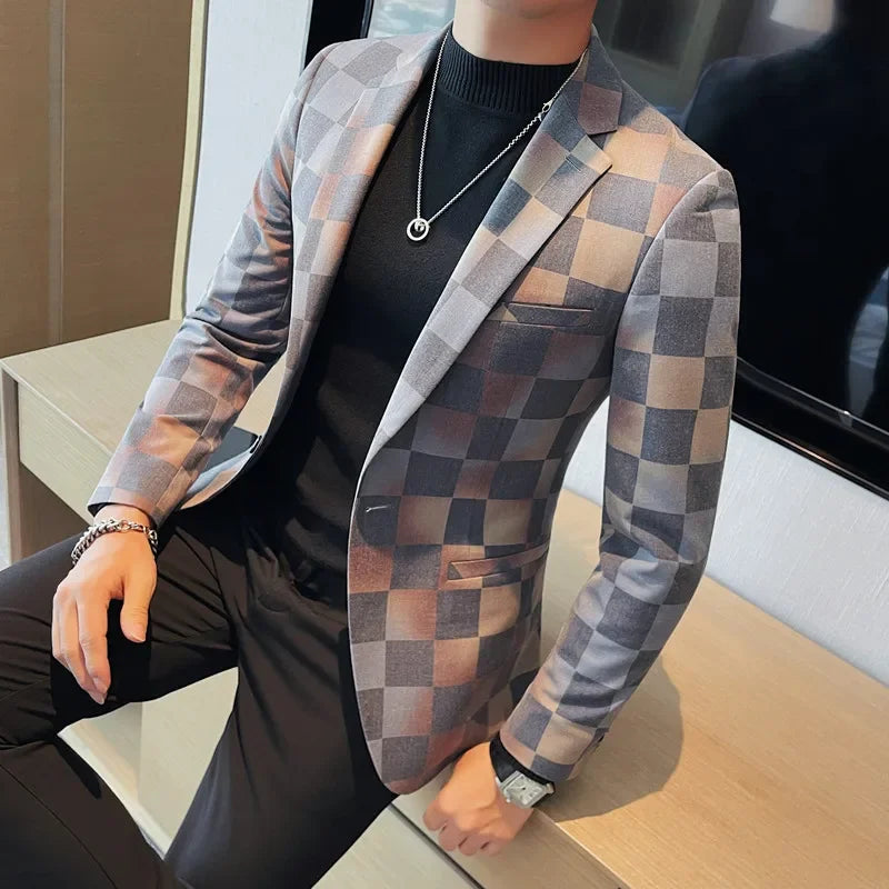 Smart Casual Style Checkered Pattern Blazer