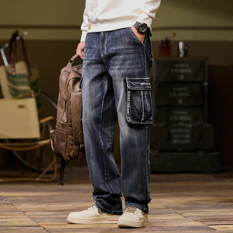 Washed Multi-Pocket Cargo Straight Jeans