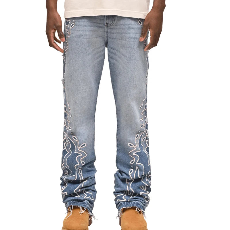 Embroidered Flame Bottom Men's Jeans