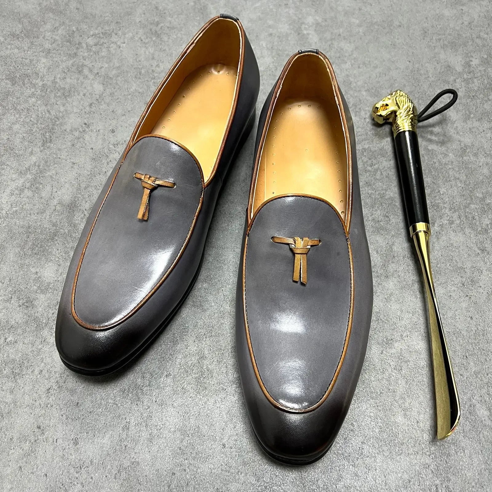 Gray Solid Tassels Genuine Leather Loafers