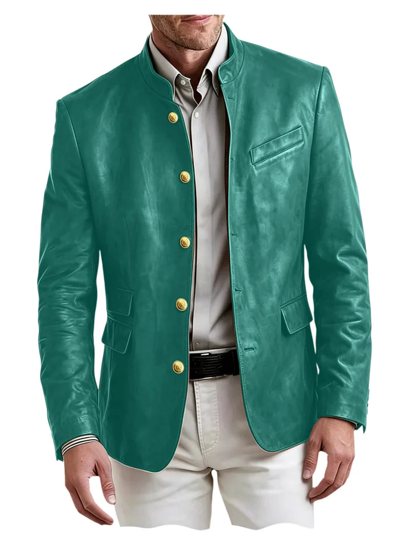 Golden Metal Buttons Leather Jacket