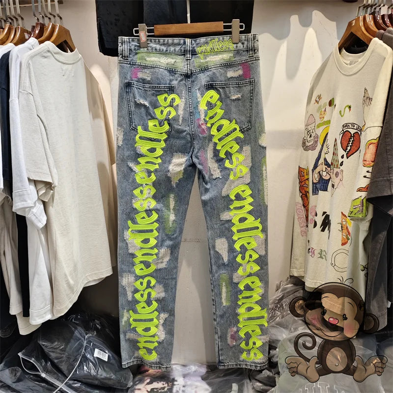 Fluorescent Green Letter Embroidery Jeans