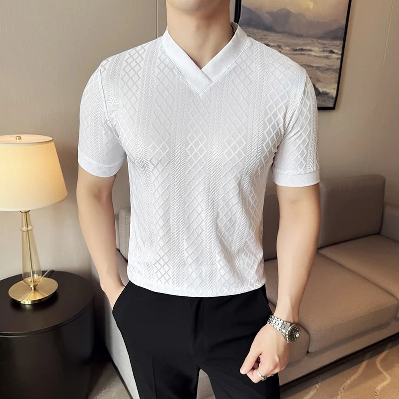 V-Neck Geometric Textured Casual T-Shirt