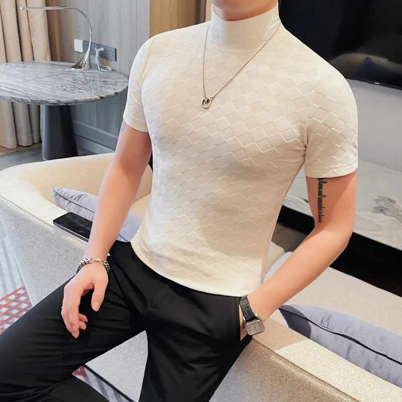 Diamond Textured Mock Neck Knit T-Shirt