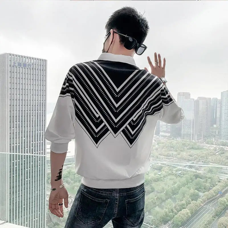 Stylish Printed Lapel Spliced Striped Shirt