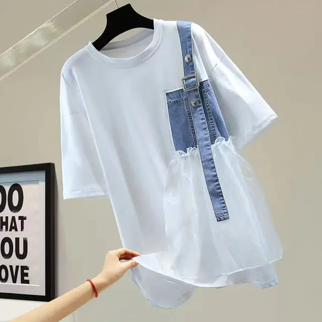 Solid Oversize Denim Tulle Patchwork T-Shirt