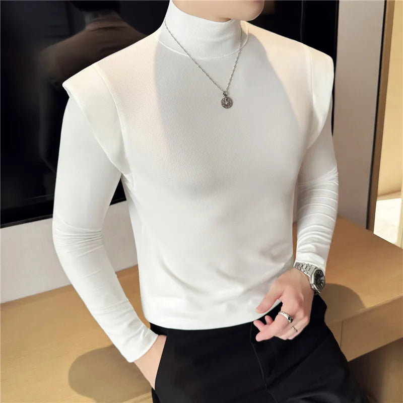 Turtleneck Fake-2Pieces Solid T-Shirt