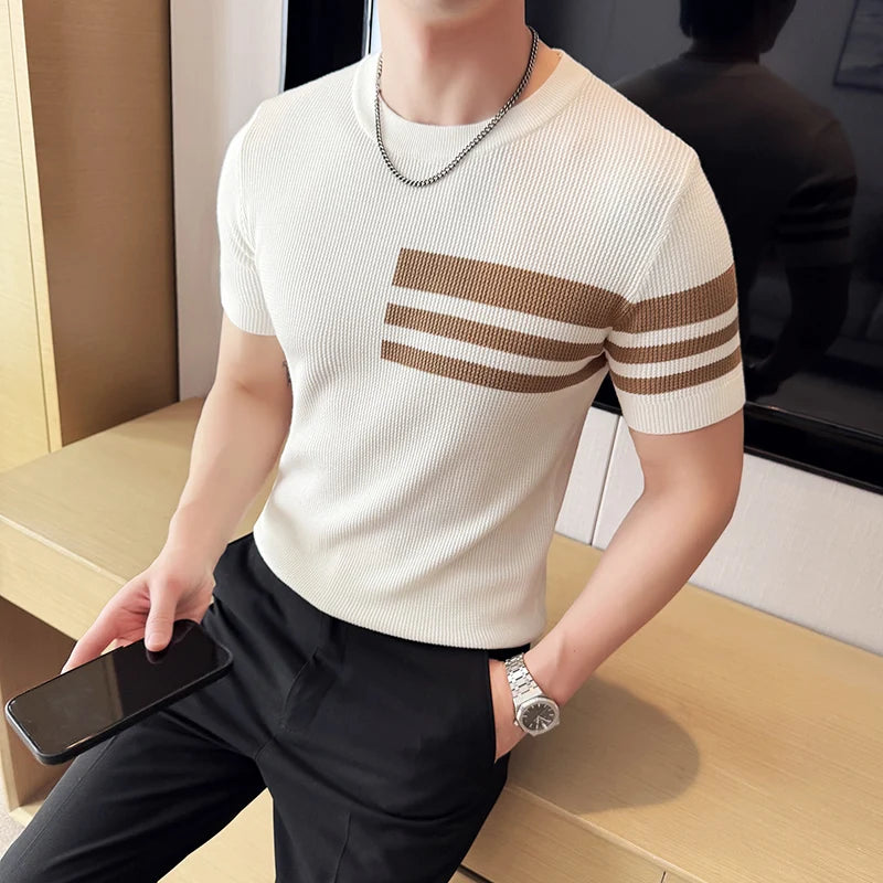 Striped Knitted Style Casual T-Shirt