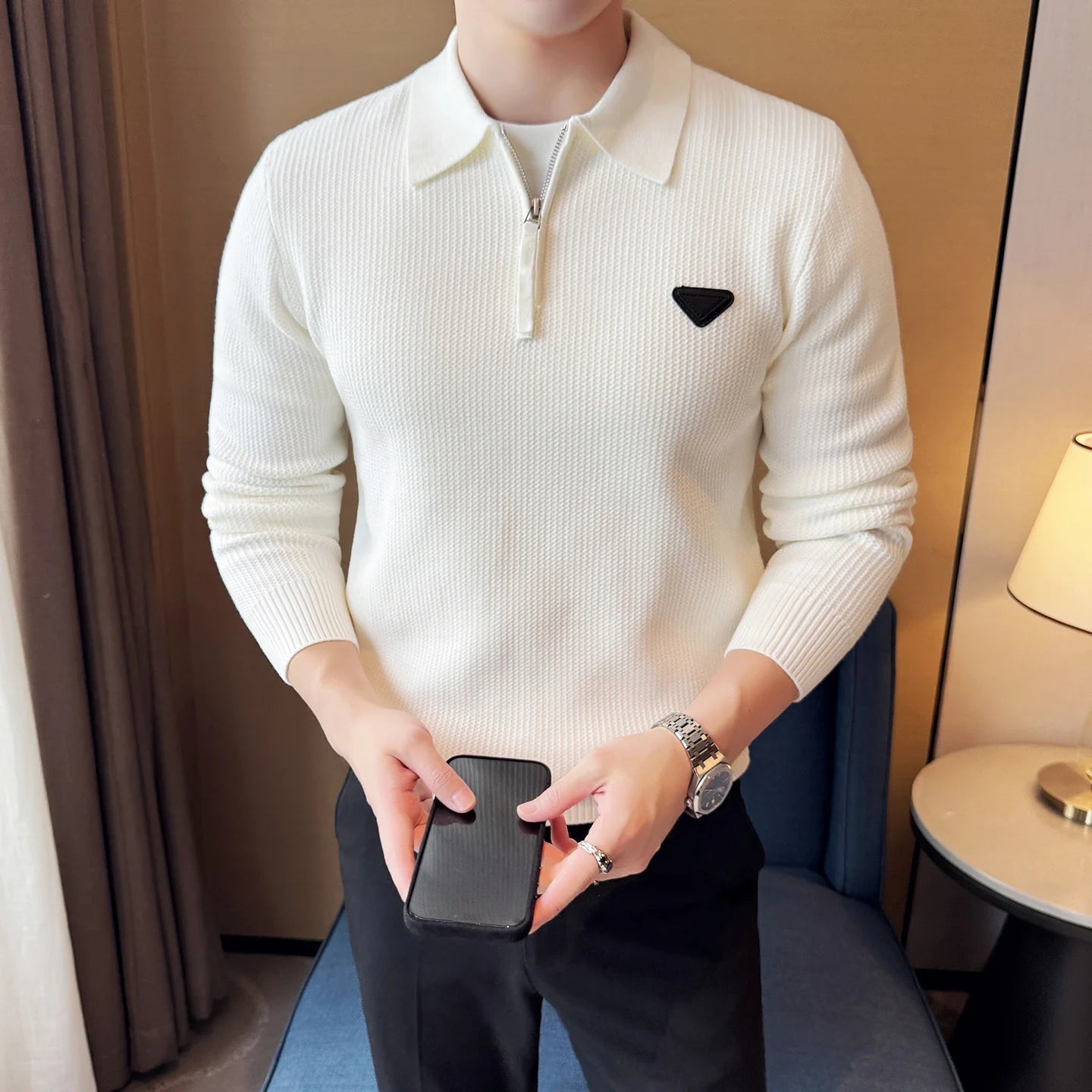 Half Zip Design Mock Neck Polo Shirt