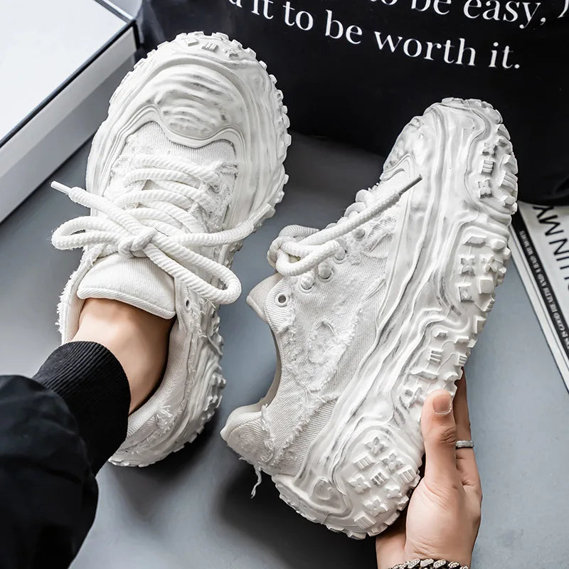 Geometric Distressed Denim Chunky Sneakers