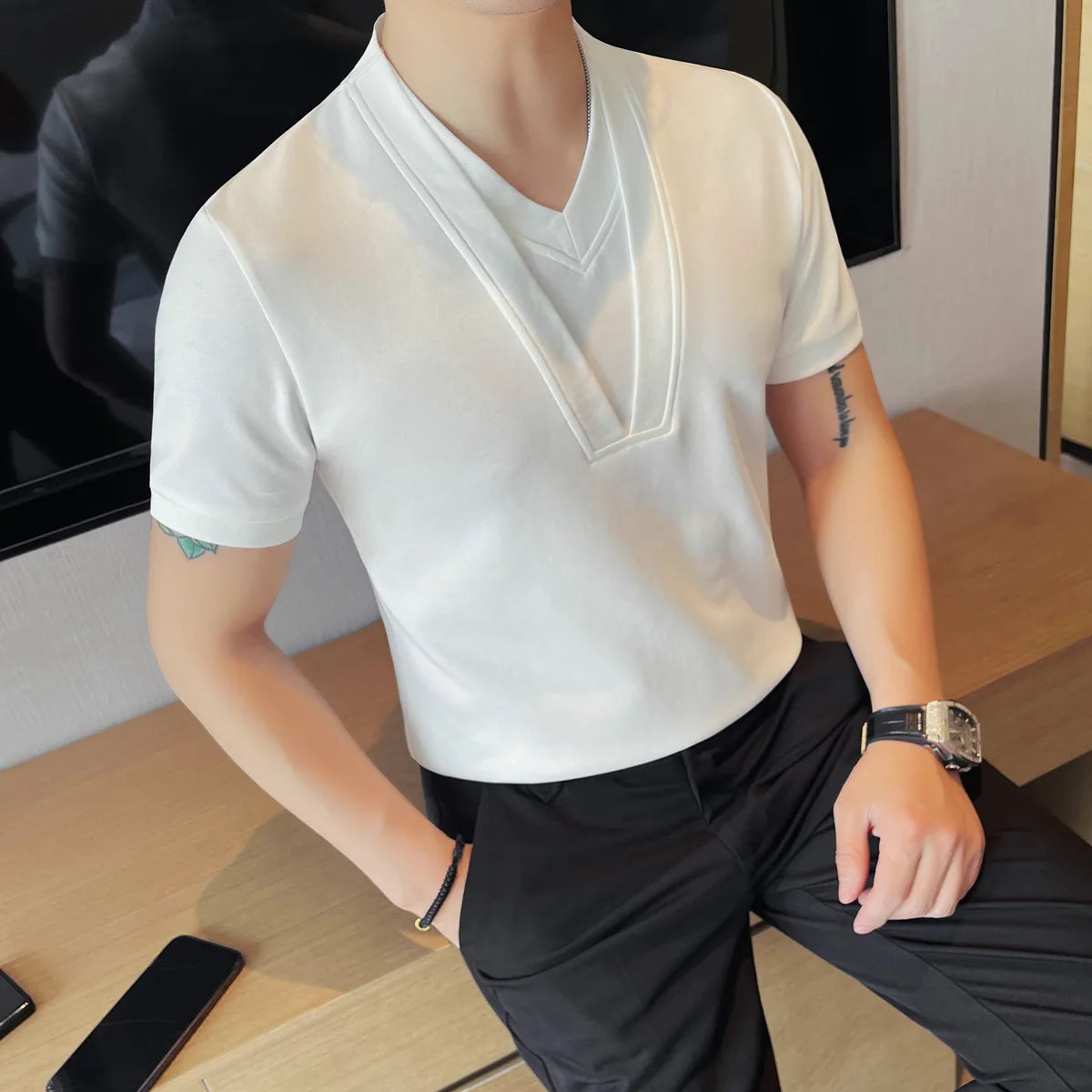 Double Layer V-Neck Solid T-Shirt